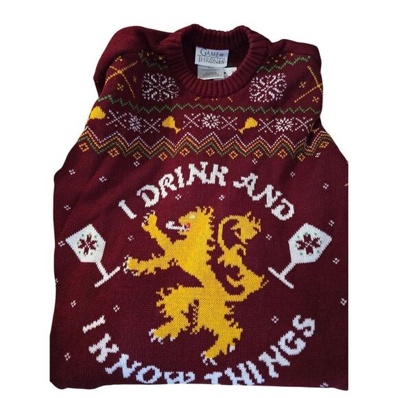 Game Of Thrones "I Drink And I Know Things" Lion Holiday Sweater Small Red Knit - Picture 4 of 7